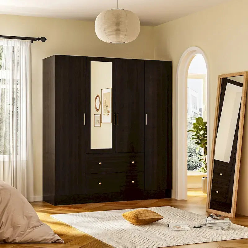 Wardrobe Armoire Wooden Closet with Mirror Storage Cubes Hanging Rod