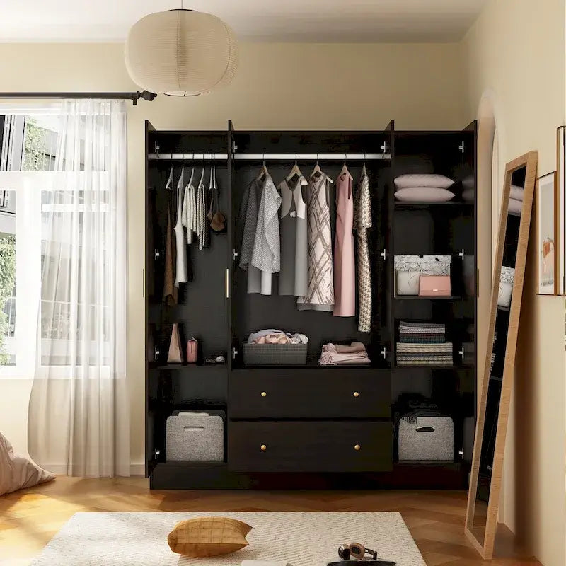 Wardrobe Armoire Wooden Closet with Mirror Storage Cubes Hanging Rod