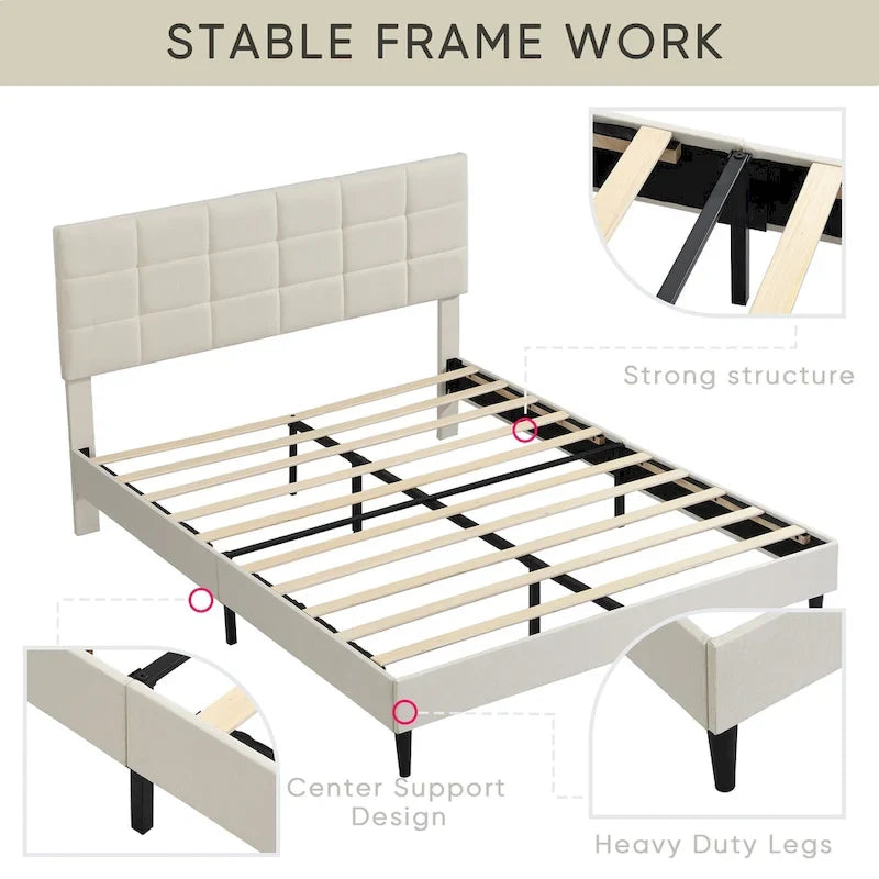 Platform Bed Frame with Fabric Upholstered Headboard