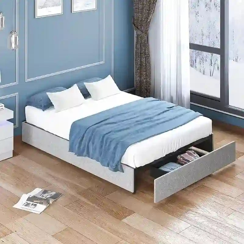 Linen Fabric Upholstered Platform Bed Frame with Storage Drawers and Wood Slat