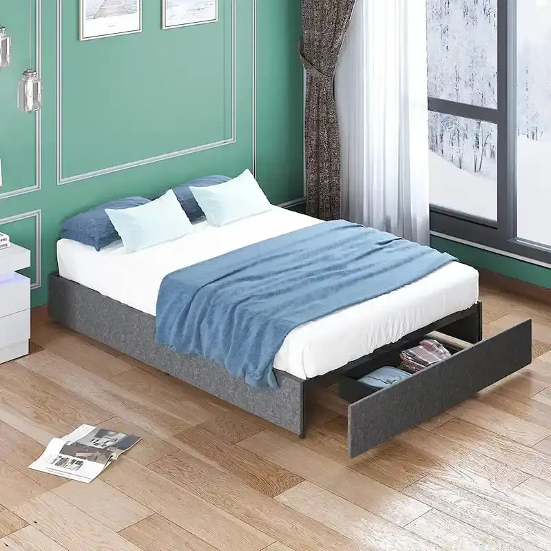 Linen Fabric Upholstered Platform Bed Frame with Storage Drawers and Wood Slat