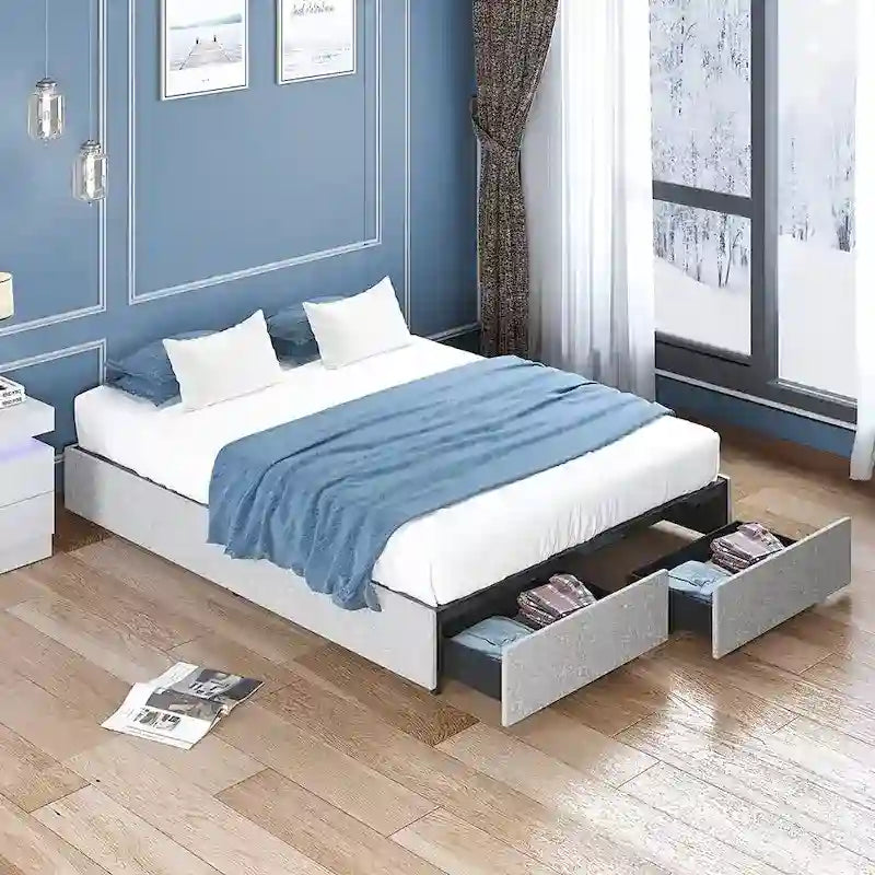 Linen Fabric Upholstered Platform Bed Frame with Storage Drawers and Wood Slat