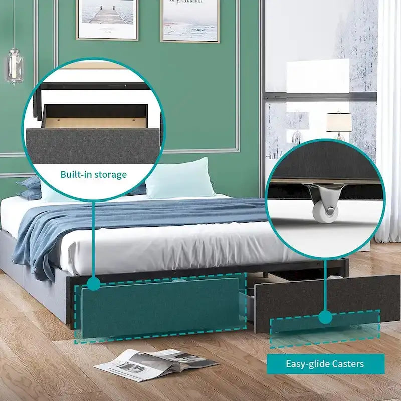 Linen Fabric Upholstered Platform Bed Frame with Storage Drawers and Wood Slat