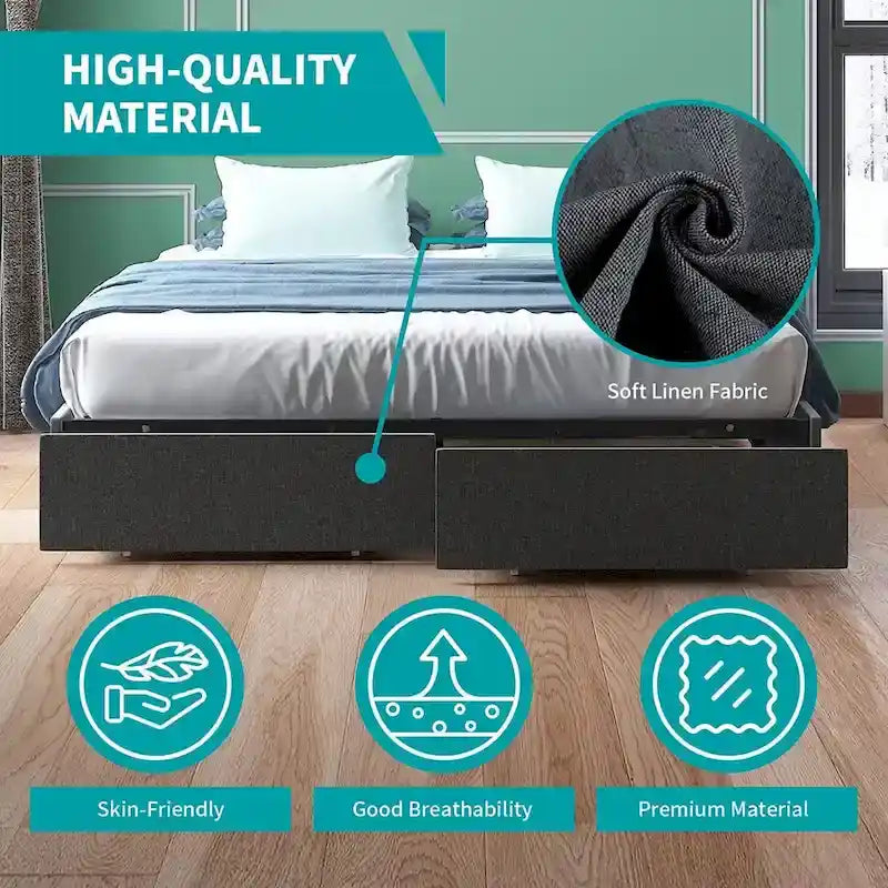 Linen Fabric Upholstered Platform Bed Frame with Storage Drawers and Wood Slat