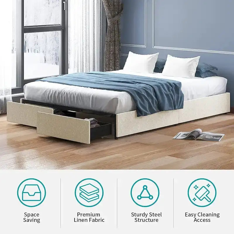 Linen Fabric Upholstered Platform Bed Frame with Storage Drawers and Wood Slat
