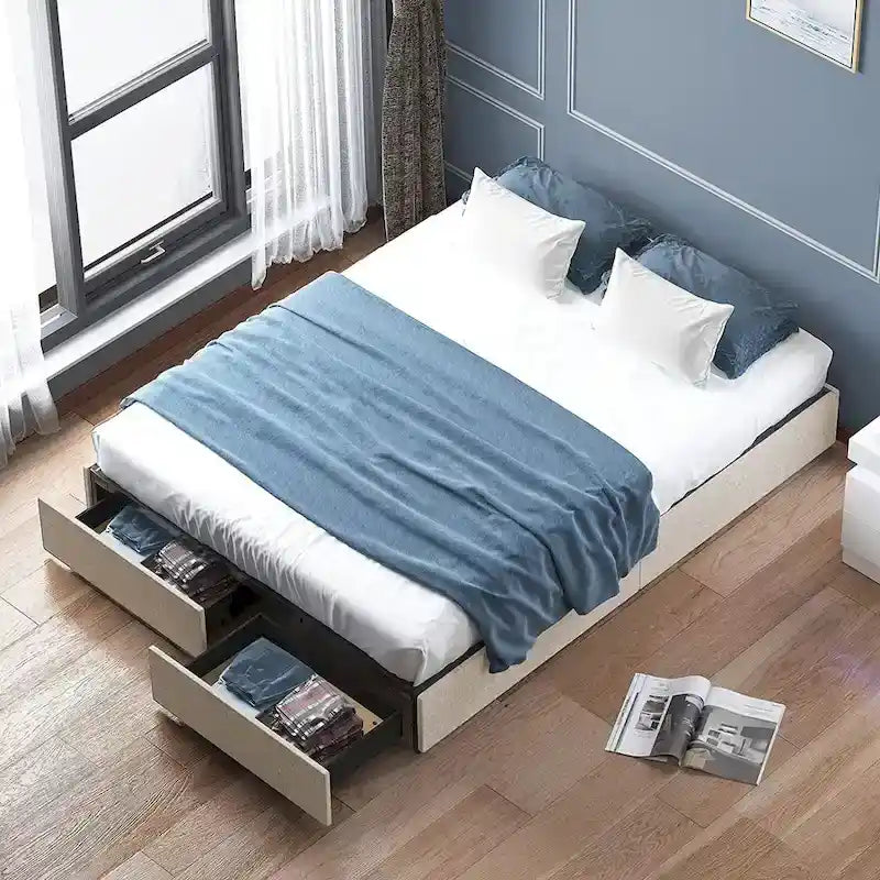Linen Fabric Upholstered Platform Bed Frame with Storage Drawers and Wood Slat