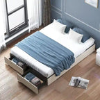 Linen Fabric Upholstered Platform Bed Frame with Storage Drawers and Wood Slat