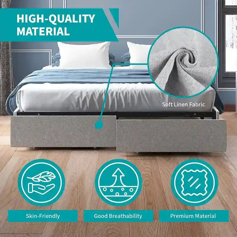 Linen Fabric Upholstered Platform Bed Frame with Storage Drawers and Wood Slat
