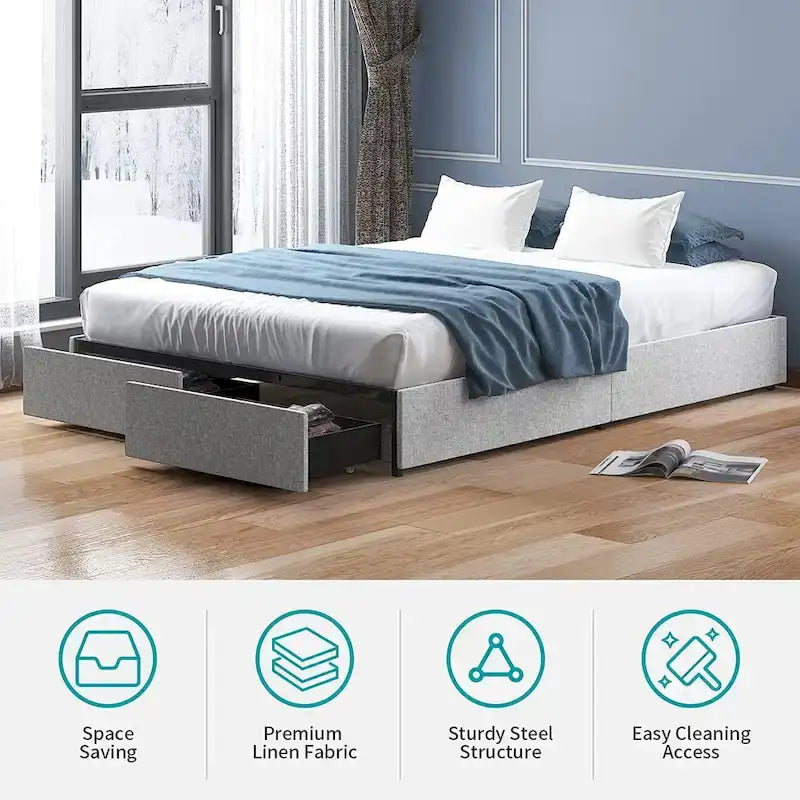 Linen Fabric Upholstered Platform Bed Frame with Storage Drawers and Wood Slat