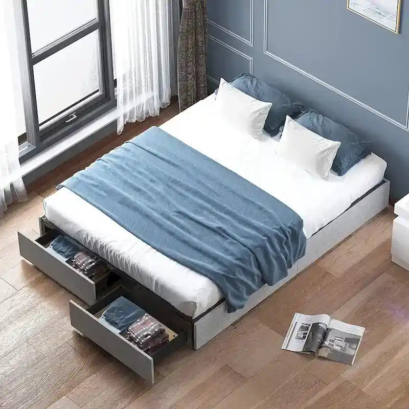Linen Fabric Upholstered Platform Bed Frame with Storage Drawers and Wood Slat