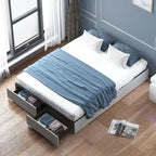 Linen Fabric Upholstered Platform Bed Frame with Storage Drawers and Wood Slat