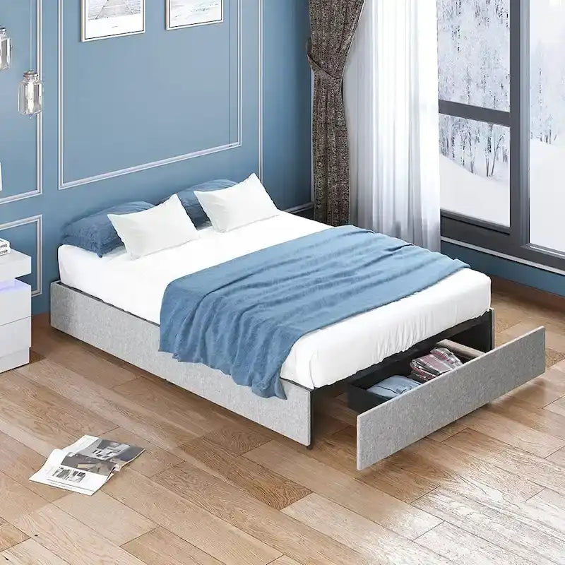 Linen Fabric Upholstered Platform Bed Frame with Storage Drawers and Wood Slat