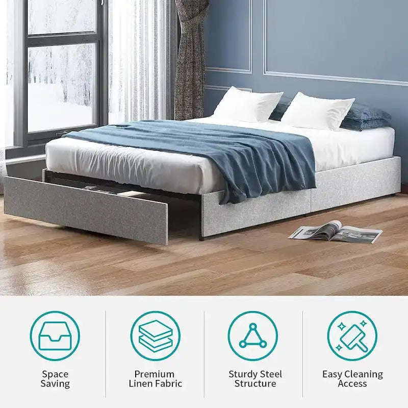 Linen Fabric Upholstered Platform Bed Frame with Storage Drawers and Wood Slat