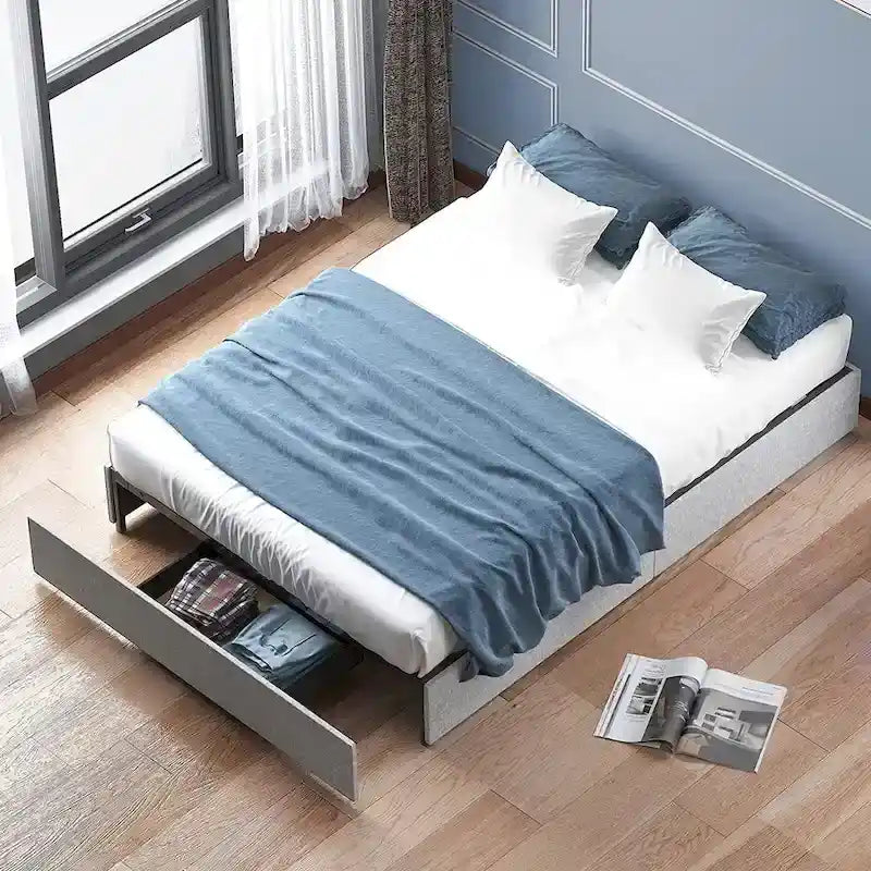 Linen Fabric Upholstered Platform Bed Frame with Storage Drawers and Wood Slat