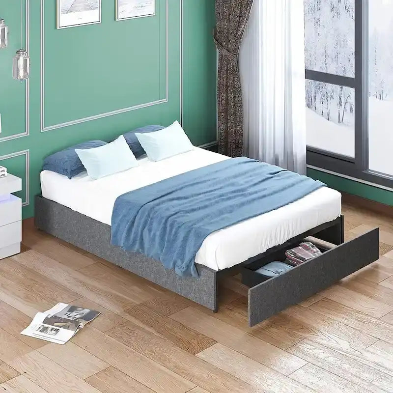 Linen Fabric Upholstered Platform Bed Frame with Storage Drawers and Wood Slat