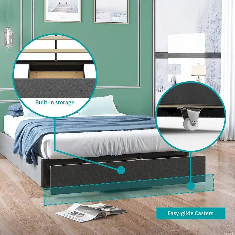 Linen Fabric Upholstered Platform Bed Frame with Storage Drawers and Wood Slat