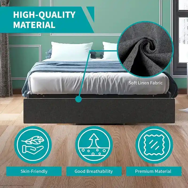 Linen Fabric Upholstered Platform Bed Frame with Storage Drawers and Wood Slat