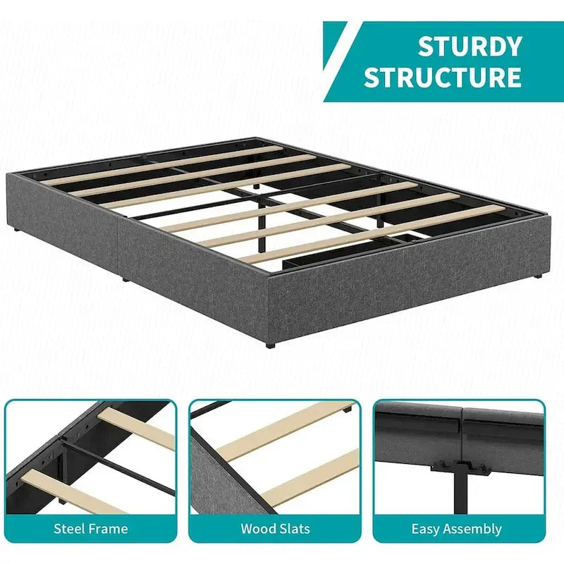 Linen Fabric Upholstered Platform Bed Frame with Storage Drawers and Wood Slat