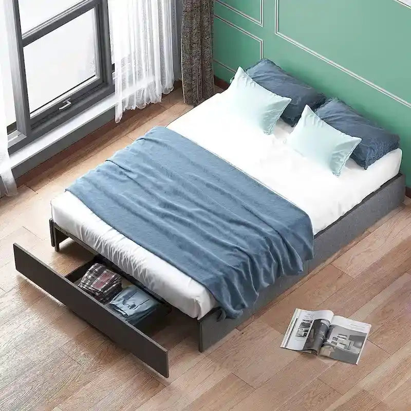 Linen Fabric Upholstered Platform Bed Frame with Storage Drawers and Wood Slat