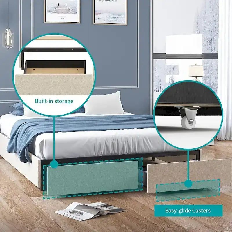Linen Fabric Upholstered Platform Bed Frame with Storage Drawers and Wood Slat