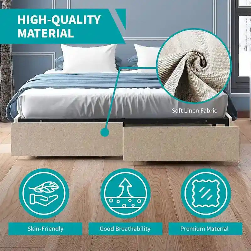 Linen Fabric Upholstered Platform Bed Frame with Storage Drawers and Wood Slat