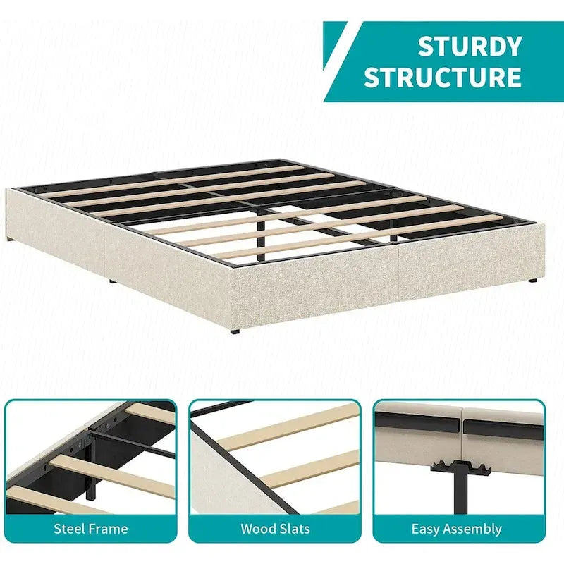 Linen Fabric Upholstered Platform Bed Frame with Storage Drawers and Wood Slat