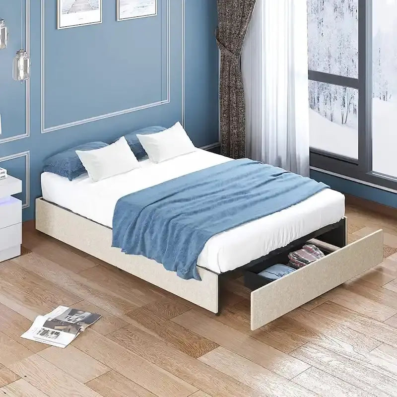 Linen Fabric Upholstered Platform Bed Frame with Storage Drawers and Wood Slat