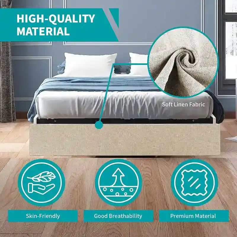 Linen Fabric Upholstered Platform Bed Frame with Storage Drawers and Wood Slat