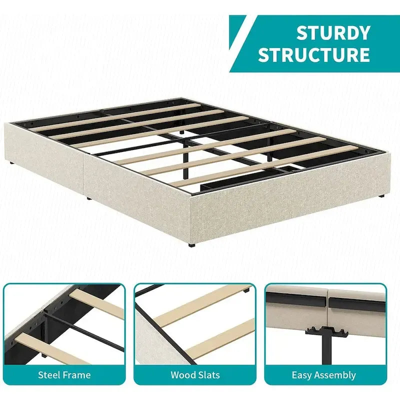 Linen Fabric Upholstered Platform Bed Frame with Storage Drawers and Wood Slat