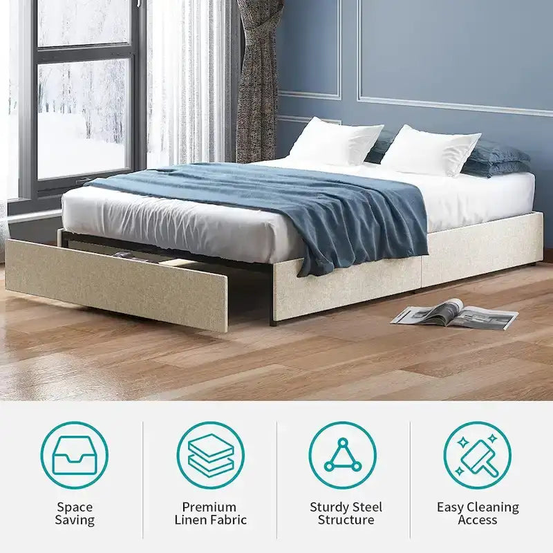 Linen Fabric Upholstered Platform Bed Frame with Storage Drawers and Wood Slat