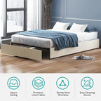 Linen Fabric Upholstered Platform Bed Frame with Storage Drawers and Wood Slat