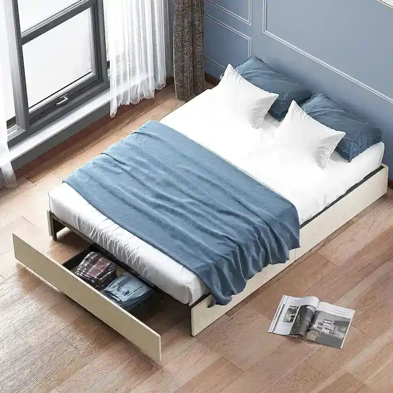 Linen Fabric Upholstered Platform Bed Frame with Storage Drawers and Wood Slat