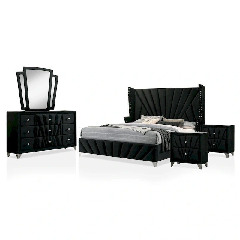 Glam Black Fabric Upholstered Nailhead 5-Piece Panel Bedroom Package