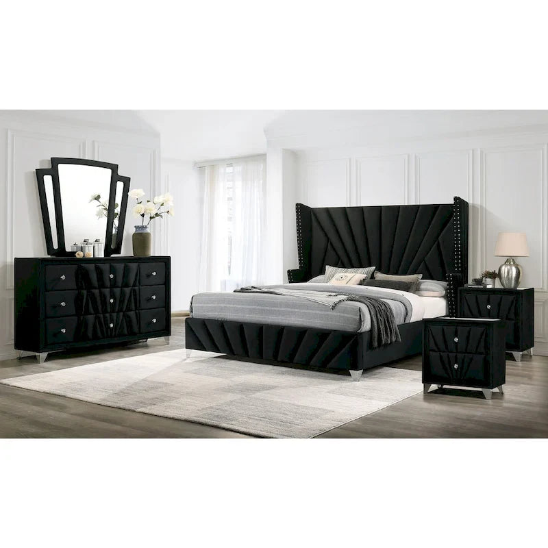 Glam Black Fabric Upholstered Nailhead 5-Piece Panel Bedroom Package