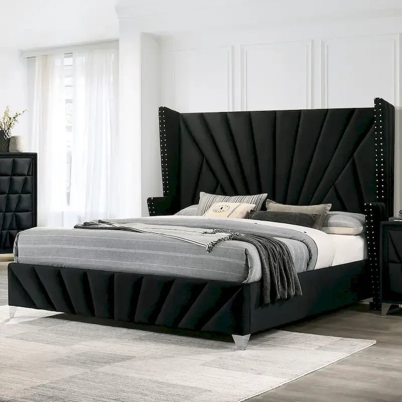 Glam Black Fabric Upholstered Nailhead 5-Piece Panel Bedroom Package