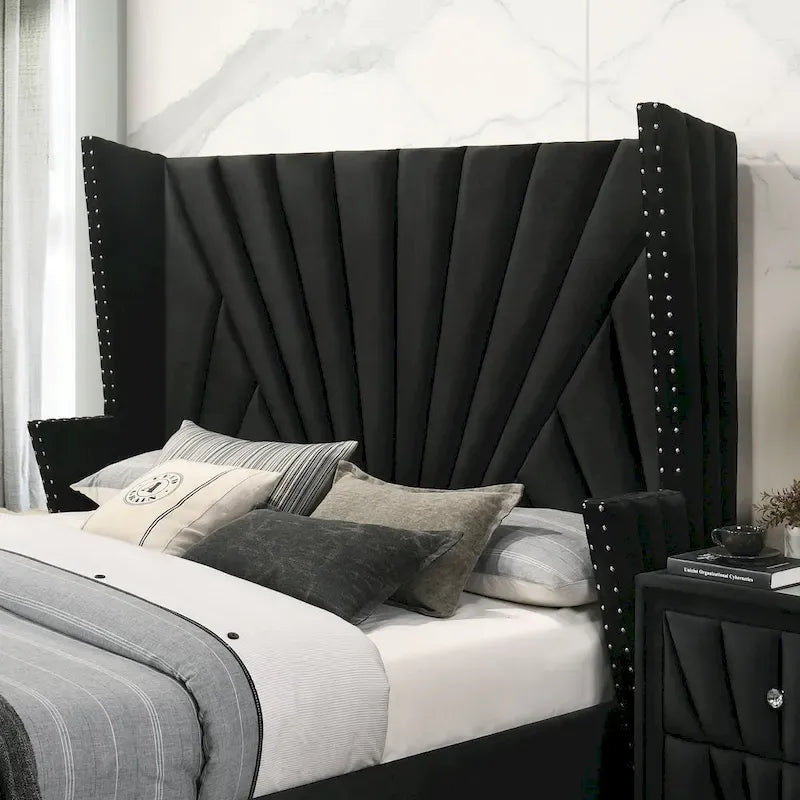 Glam Black Fabric Upholstered Nailhead 5-Piece Panel Bedroom Package