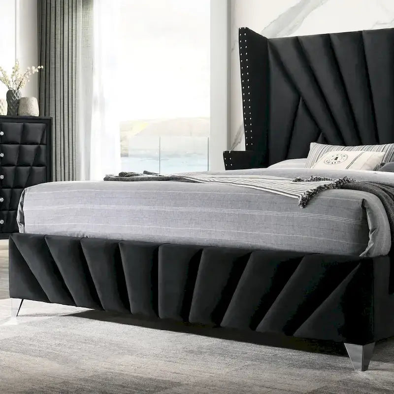 Glam Black Fabric Upholstered Nailhead 5-Piece Panel Bedroom Package