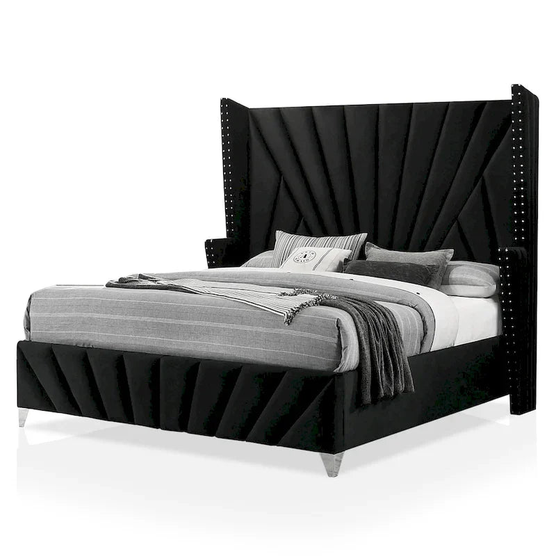 Glam Black Fabric Upholstered Nailhead 5-Piece Panel Bedroom Package