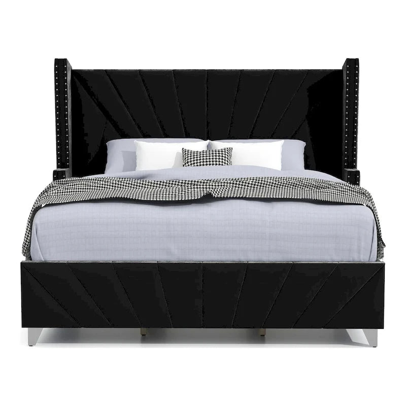 Glam Black Fabric Upholstered Nailhead 5-Piece Panel Bedroom Package