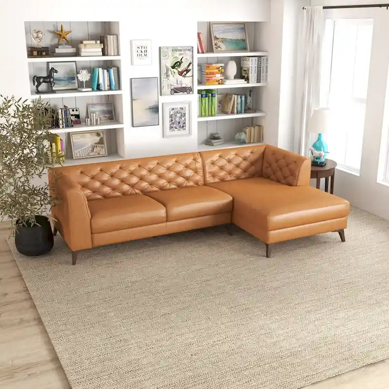 Modern Chesterfield Tufted Living Room Top Leather Corner Sectional Sofa in Cognac Tan