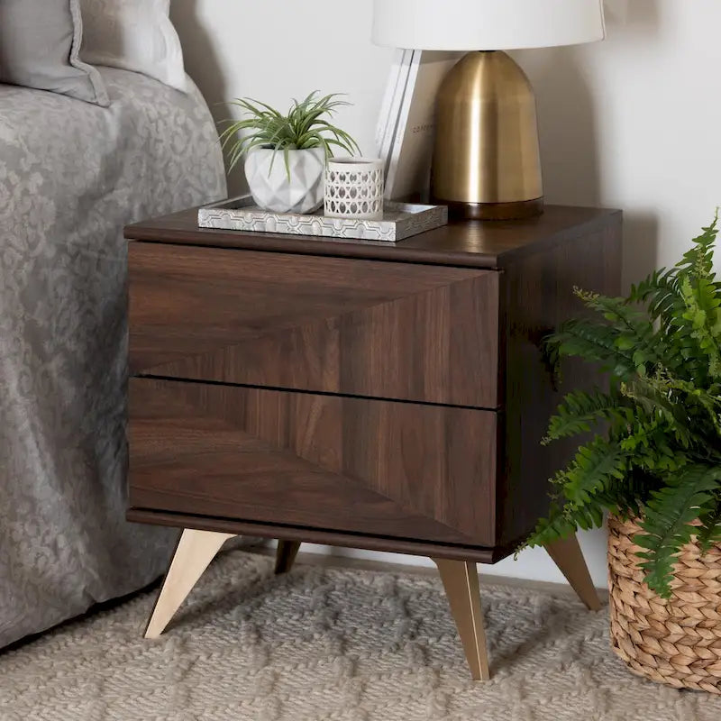 Mid-Century Modern Transitional Walnut Brown Finished Wood 2-Drawer Nightstand