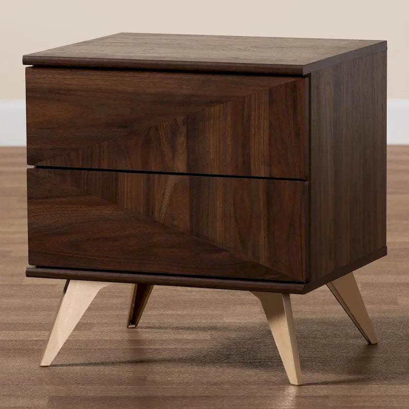 Mid-Century Modern Transitional Walnut Brown Finished Wood 2-Drawer Nightstand