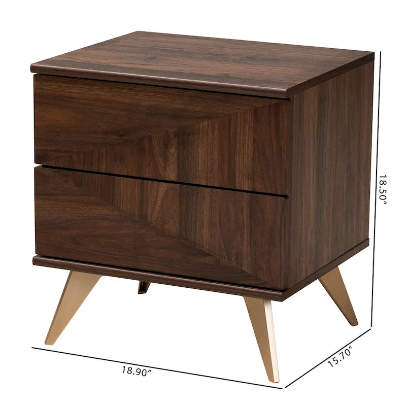 Mid-Century Modern Transitional Walnut Brown Finished Wood 2-Drawer Nightstand