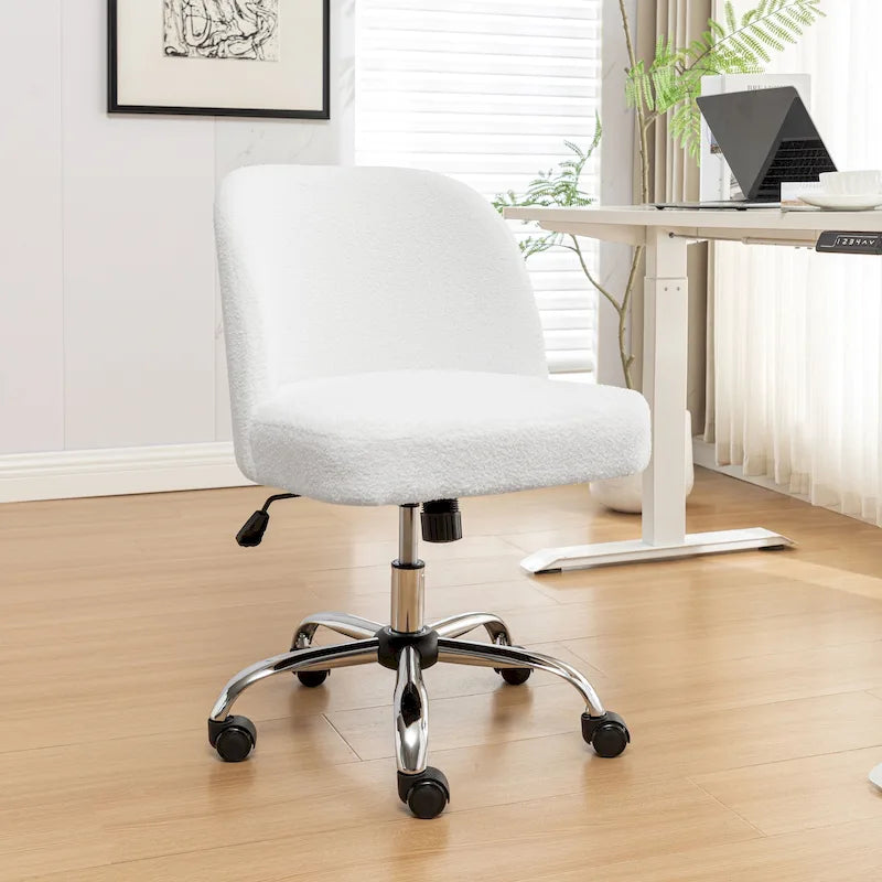 Sherpa Fabric Armless Office Chair with Steel Roller Casters
