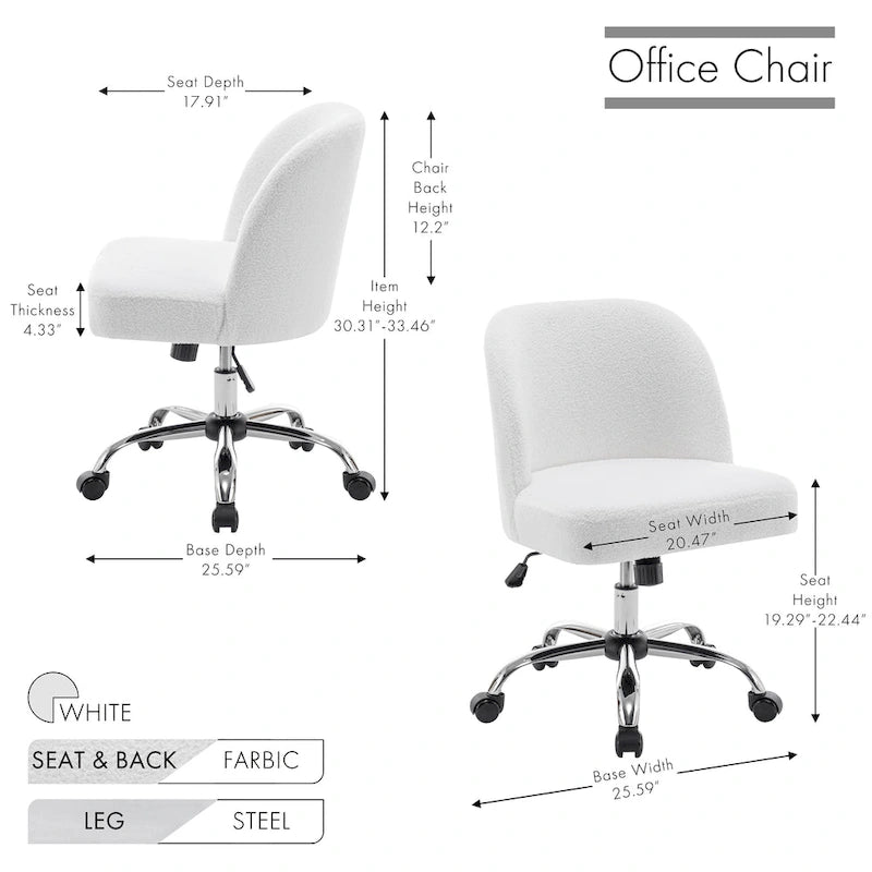 Sherpa Fabric Armless Office Chair with Steel Roller Casters