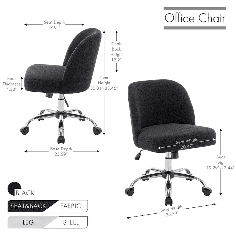 Sherpa Fabric Armless Office Chair with Steel Roller Casters