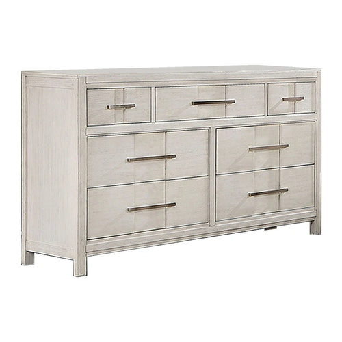 58 Inch Wide Dresser Chest, 7 Drawers, Nickel Bar Handles, White
