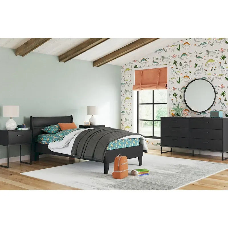 Black Panel Headboard with Dresser and Nightstand