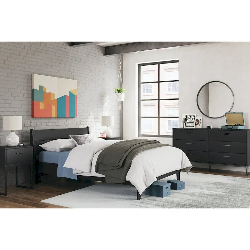 Black Panel Headboard with Dresser and Nightstand