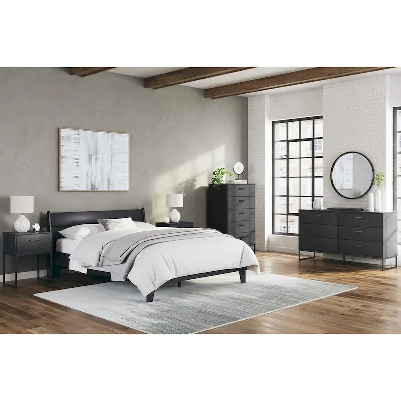 Black Panel Headboard with Dresser and Nightstand